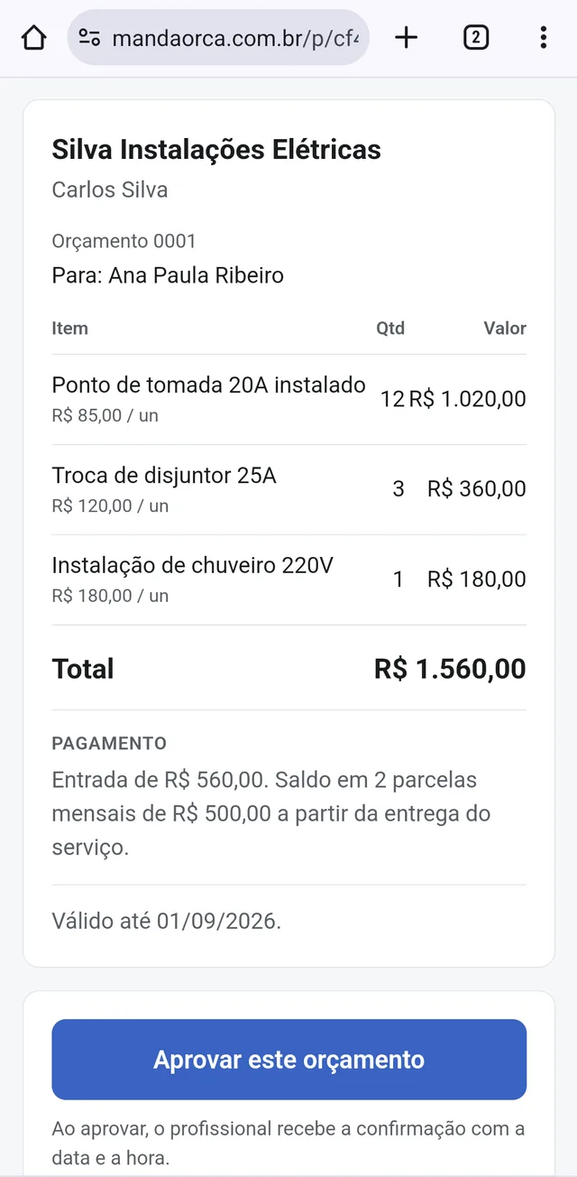 Página do orçamento aberta no navegador do cliente, com o botão Aprovar este orçamento