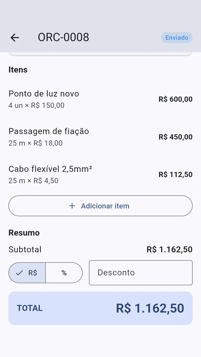Tela de edição do orçamento, com itens, quantidades e total