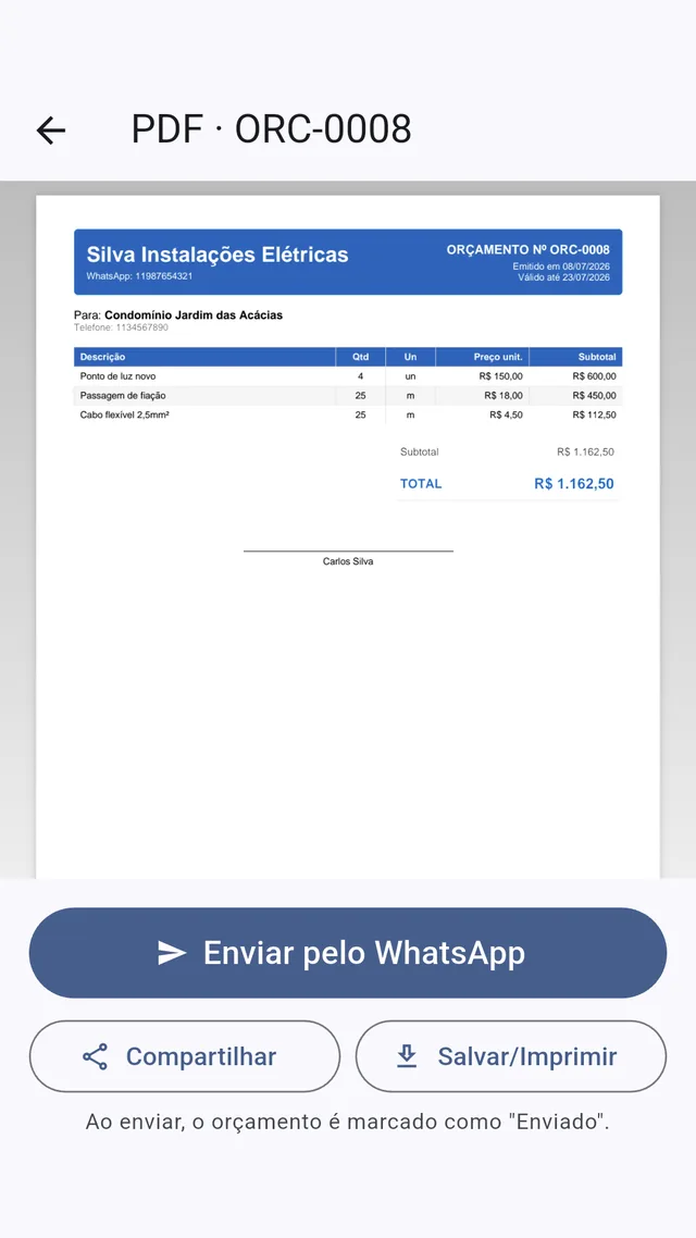 Orçamento em PDF pronto na tela do celular, com a marca do prestador