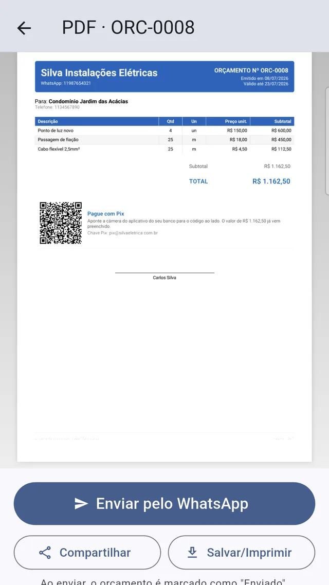 PDF do orçamento com o QR Code do Pix e o valor já preenchido