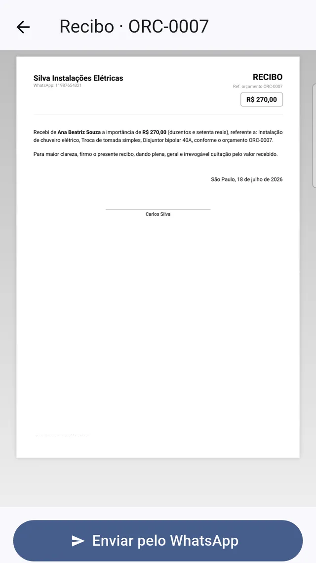 Recibo em PDF com o valor por extenso e espaço para assinatura